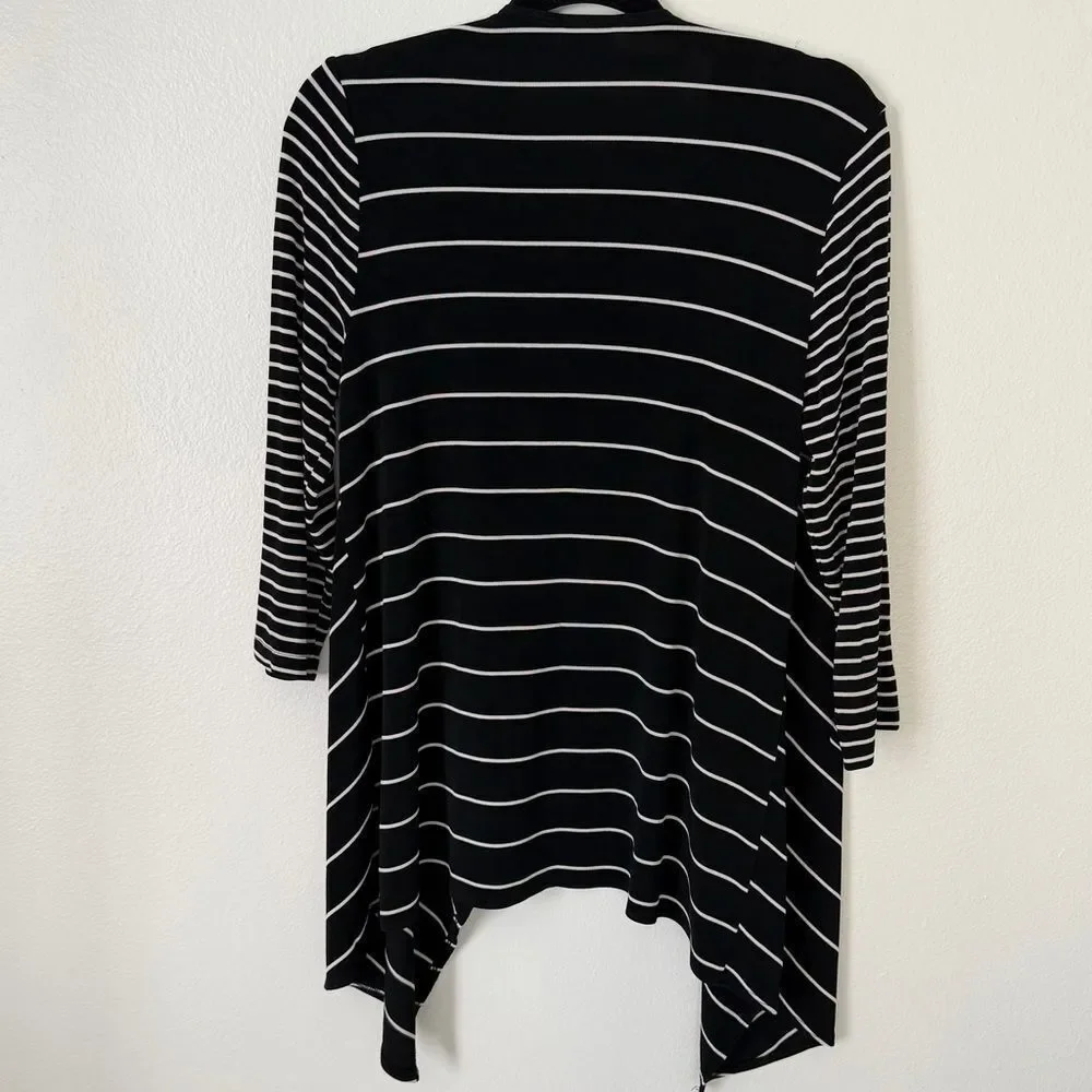 Chicos Travelers Sz 1 (Medium 8) Mixed Stripe Open Front Cardigan Black White